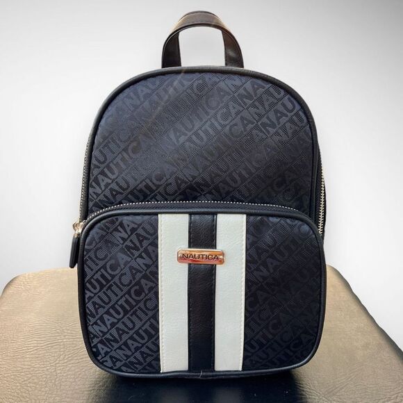 NWT Nautica Jacquard Logo Sport Striped Black & White Backpack Size Medium - Picture 3 of 17